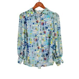 Retro New Blue Abstract Maximalist Print Chiffon Lined Top Bishop Sleeve Small